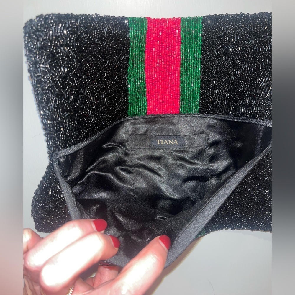 NWOT Tiana Black Beaded Clutch with Red and Green Stripe - Picture 4 of 4